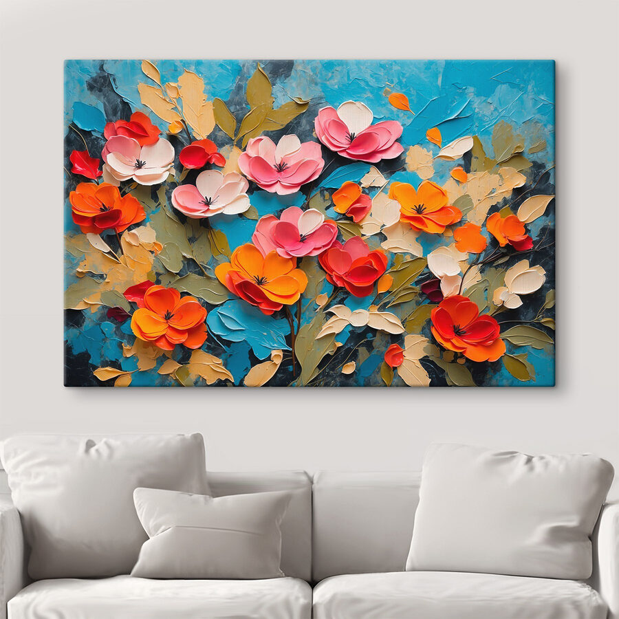 Malerei von Blumen auf einer blauen Fläche Malerei von Blumen auf einer blauen Fläche