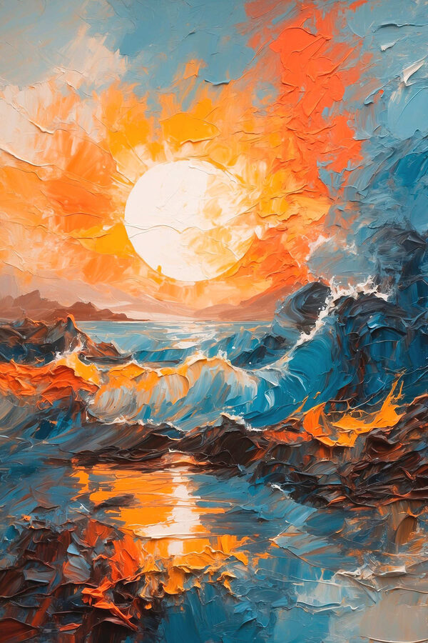 Gemälde eines Sonnenuntergangs über einem Meer Gemälde eines Sonnenuntergangs über einem Meer