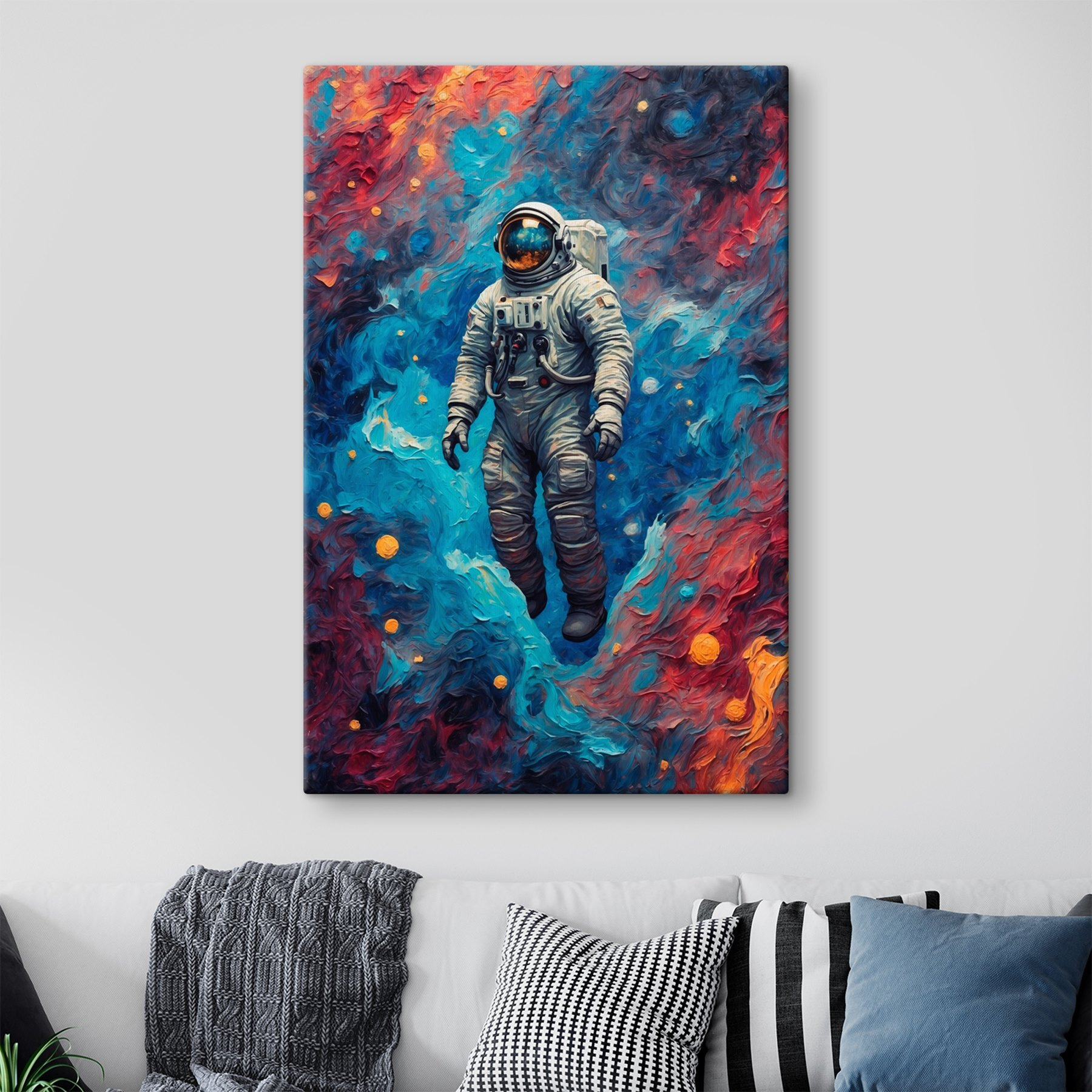 An astronaut in space with colorful background