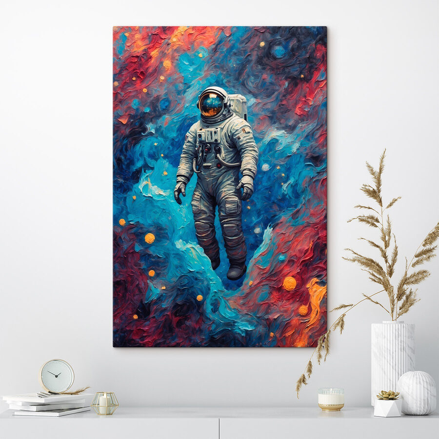 Ein Astronaut im Weltraum mit buntem Hintergrund