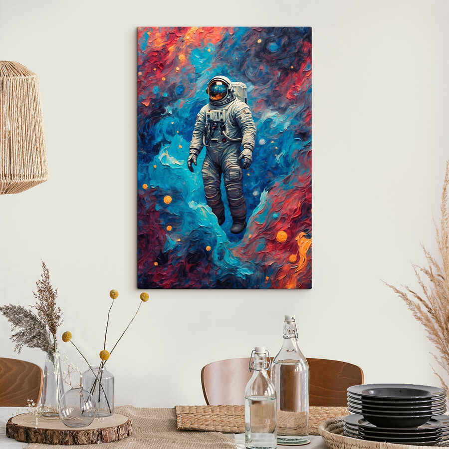Ein Astronaut im Weltraum mit buntem Hintergrund