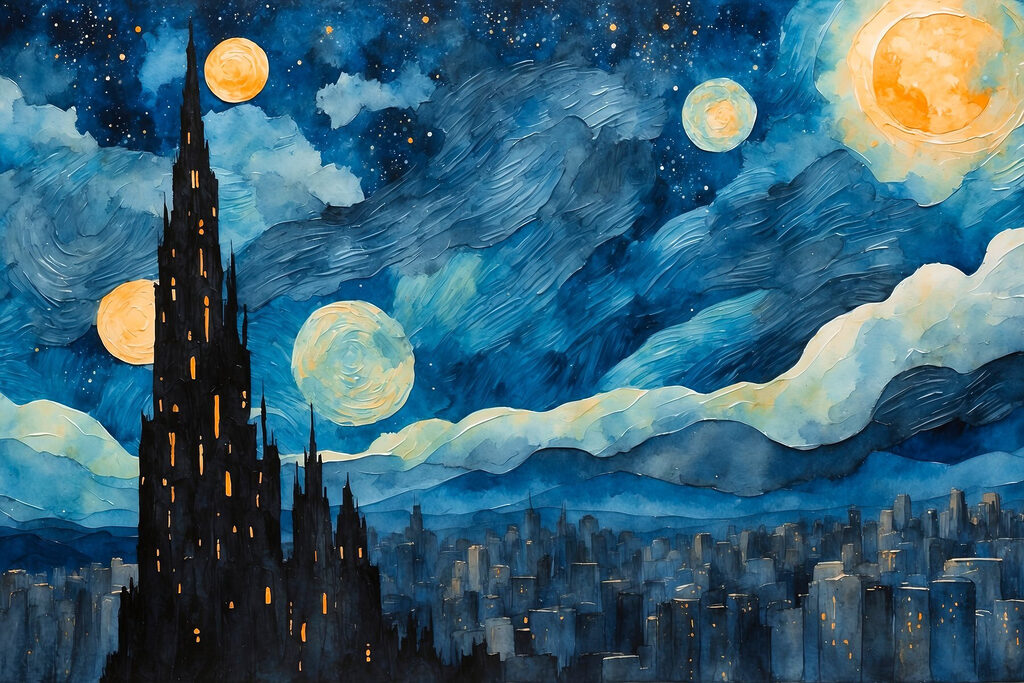 Watercolor of a city at night