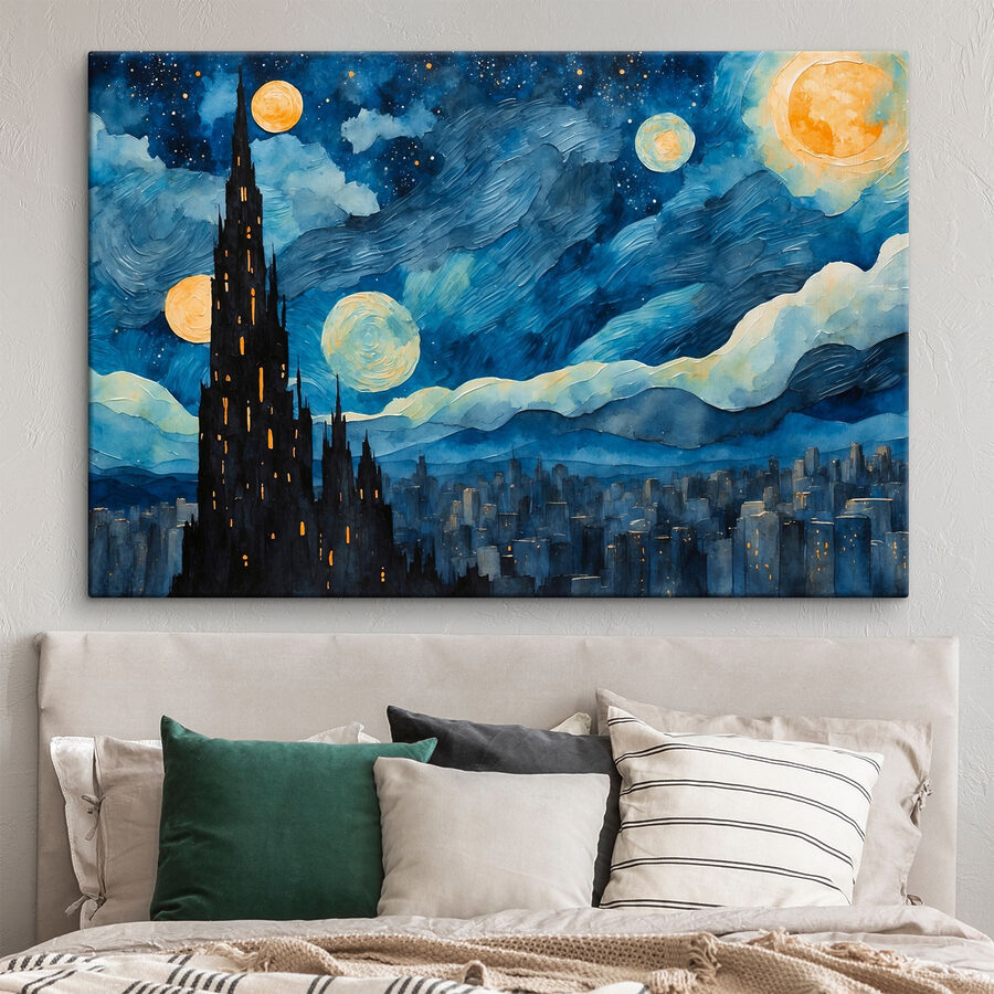 Aquarell einer Stadt bei Nacht