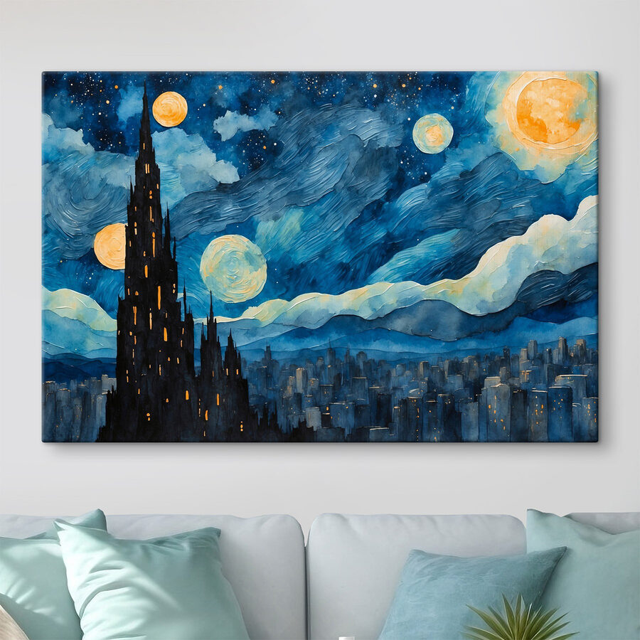 Aquarell einer Stadt bei Nacht