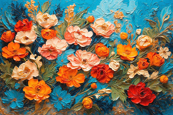 Malerei von Blumen auf einer blauen Fläche Malerei von Blumen auf einer blauen Fläche