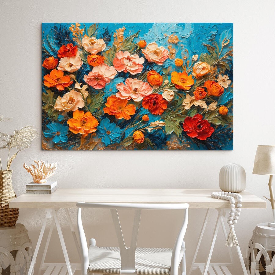Malerei von Blumen auf einer blauen Fläche Malerei von Blumen auf einer blauen Fläche