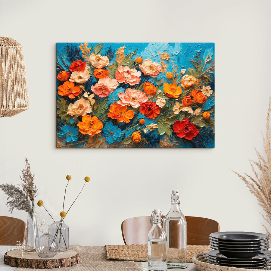 Malerei von Blumen auf einer blauen Fläche Malerei von Blumen auf einer blauen Fläche