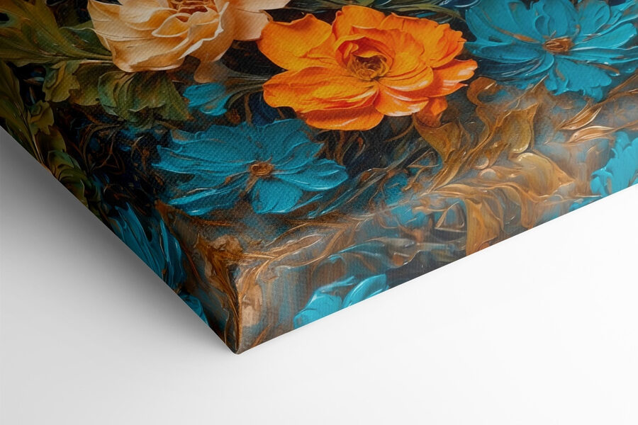Malerei von Blumen auf einer blauen Fläche Malerei von Blumen auf einer blauen Fläche