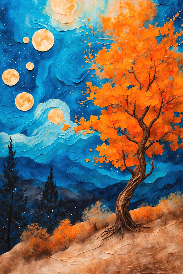 Gemälde eines Baumes mit orangefarbenen Blättern und blauen Bergen Gemälde eines Baumes mit orangefarbenen Blättern und blauen Bergen