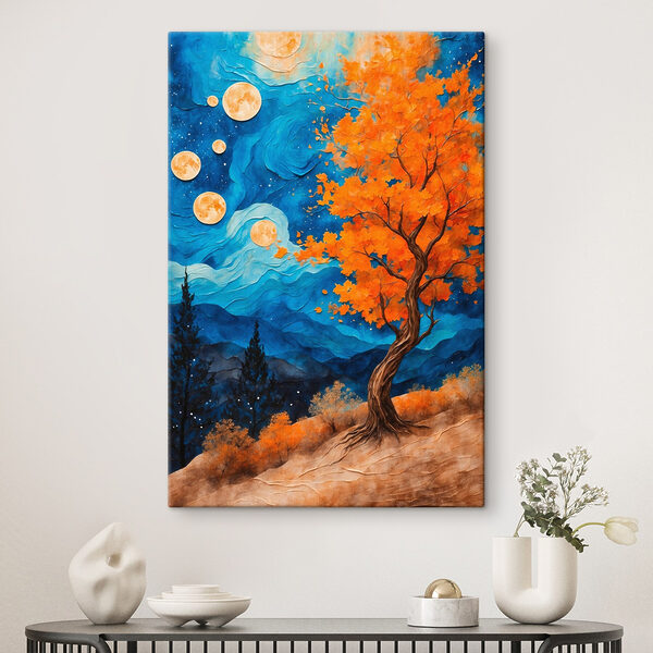 Gemälde eines Baumes mit orangefarbenen Blättern und blauen Bergen Gemälde eines Baumes mit orangefarbenen Blättern und blauen Bergen