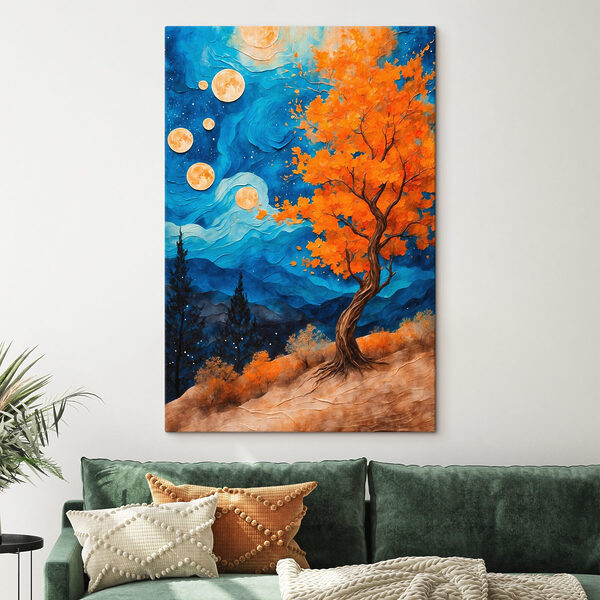 Gemälde eines Baumes mit orangefarbenen Blättern und blauen Bergen Gemälde eines Baumes mit orangefarbenen Blättern und blauen Bergen
