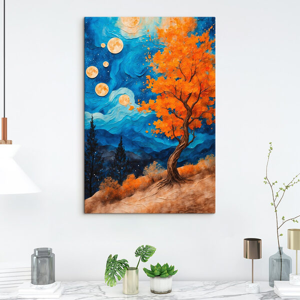Gemälde eines Baumes mit orangefarbenen Blättern und blauen Bergen Gemälde eines Baumes mit orangefarbenen Blättern und blauen Bergen