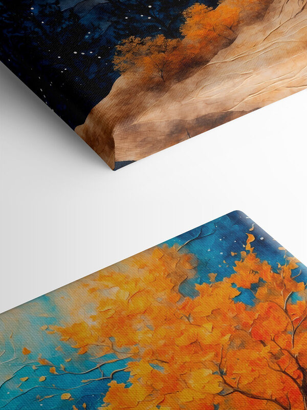 Gemälde eines Baumes mit orangefarbenen Blättern und blauen Bergen Gemälde eines Baumes mit orangefarbenen Blättern und blauen Bergen