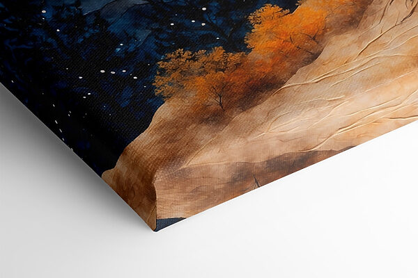 Gemälde eines Baumes mit orangefarbenen Blättern und blauen Bergen Gemälde eines Baumes mit orangefarbenen Blättern und blauen Bergen