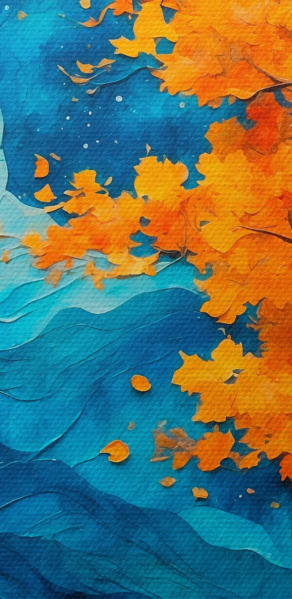 Gemälde eines Baumes mit orangefarbenen Blättern und blauen Bergen Gemälde eines Baumes mit orangefarbenen Blättern und blauen Bergen
