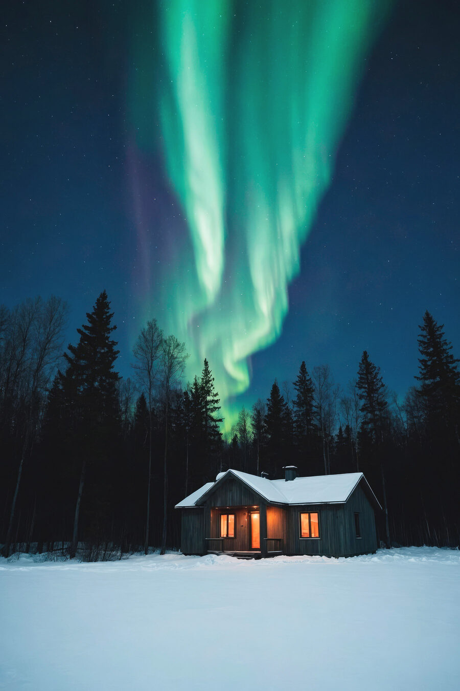 Haus im Schnee mit grünen Lichtern am Himmel Haus im Schnee mit grünen Lichtern am Himmel