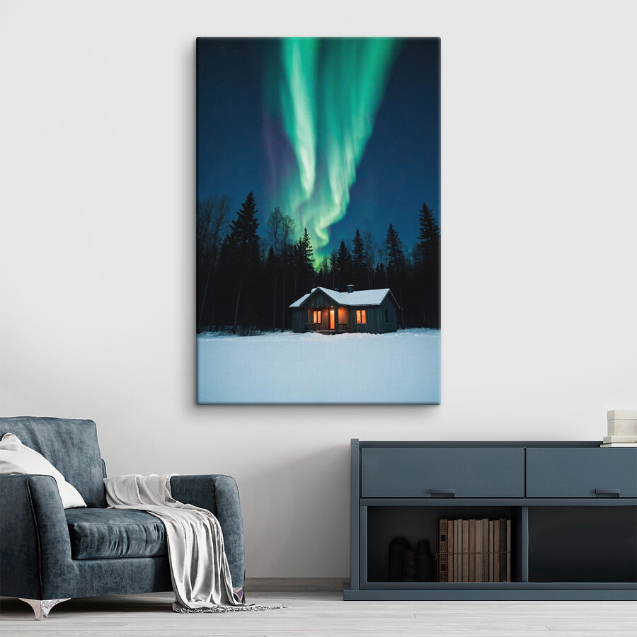 Haus im Schnee mit grünen Lichtern am Himmel Haus im Schnee mit grünen Lichtern am Himmel