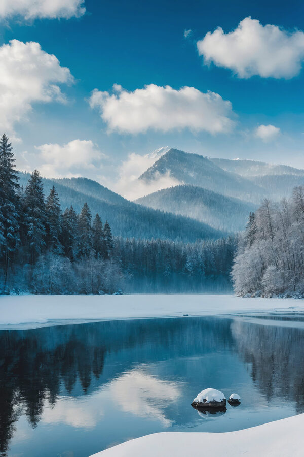 See mit Schnee und Bäumen im Hintergrund See mit Schnee und Bäumen im Hintergrund
