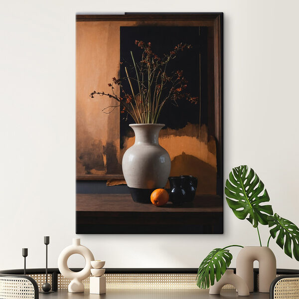 Vase mit Trockenblumen und Orangen Wandbilder Vase mit Trockenblumen und Orangen