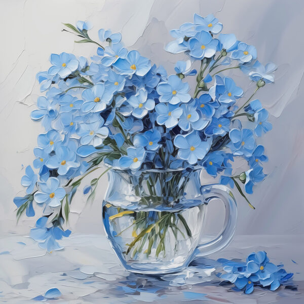 Gemälde mit blauen Blumen in einer Glasvase Gemälde mit blauen Blumen in einer Glasvase