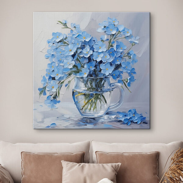 Gemälde mit blauen Blumen in einer Glasvase Gemälde mit blauen Blumen in einer Glasvase