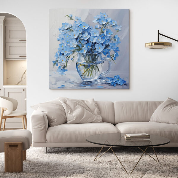 Gemälde mit blauen Blumen in einer Glasvase Gemälde mit blauen Blumen in einer Glasvase