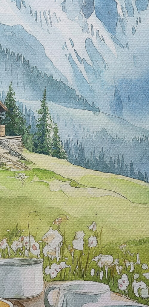 Table with plates of food and cups on it with mountains in the background Table with plates of food and cups on it with mountains in the background