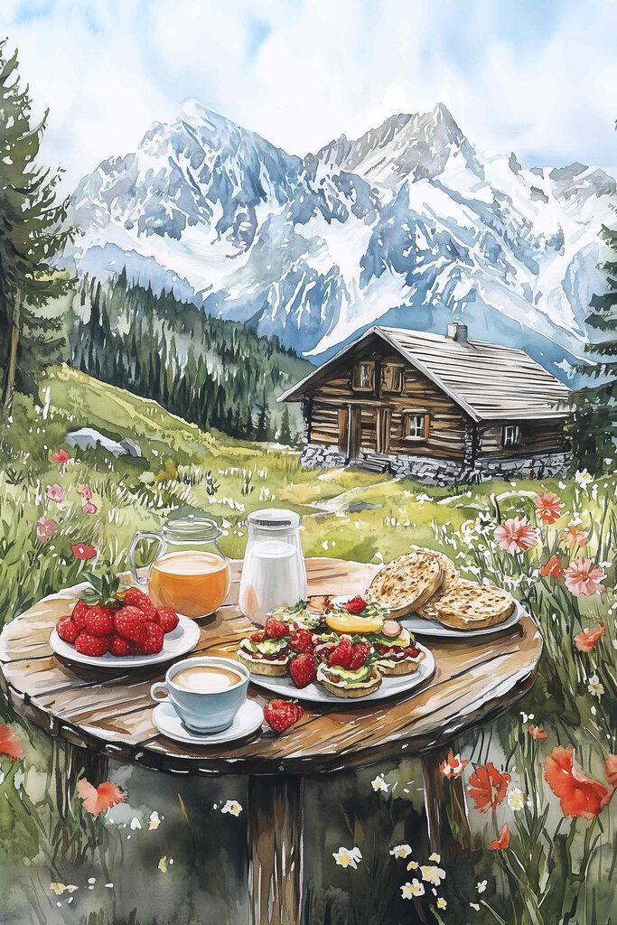 Table with food and drinks on it in front of a mountain Table with food and drinks on it in front of a mountain