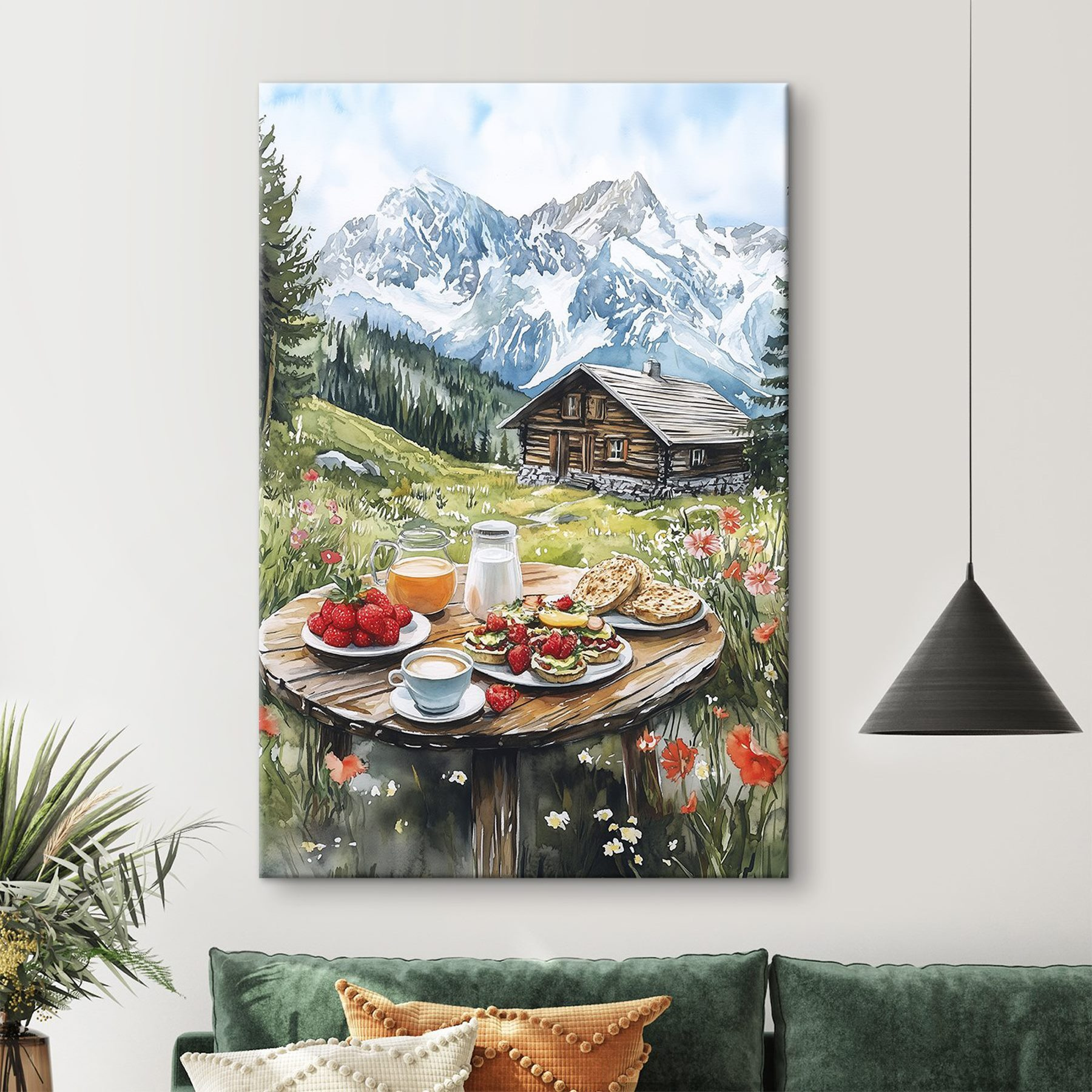 Table with food and drinks on it in front of a mountain Table with food and drinks on it in front of a mountain