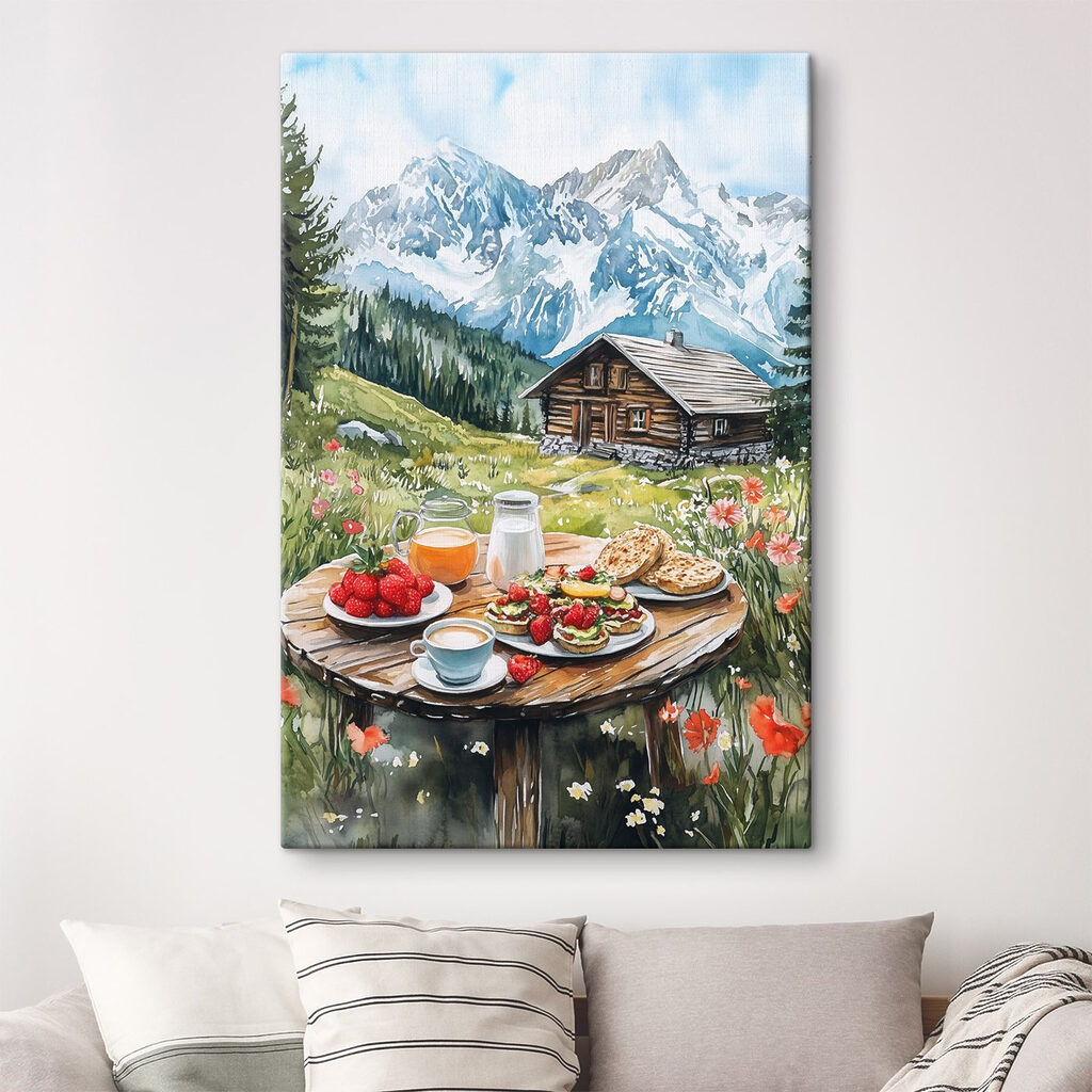 Table with food and drinks on it in front of a mountain Table with food and drinks on it in front of a mountain