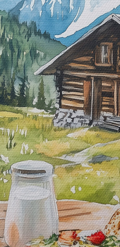 Table with food and drinks on it in front of a mountain Table with food and drinks on it in front of a mountain