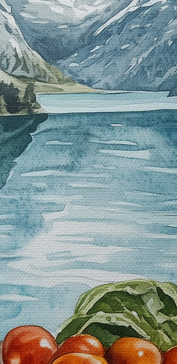 Essen auf einem Tisch neben einem See Essen auf einem Tisch neben einem See