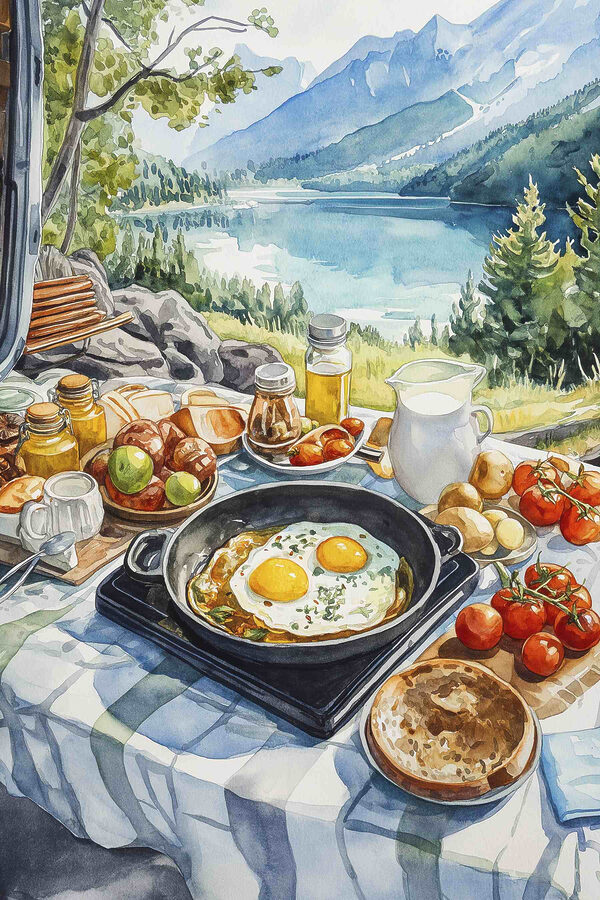 Pfanne mit Essen und eine Pfanne mit Eiern auf einem Tisch mit einem See im Hintergrund Pfanne mit Essen und eine Pfanne mit Eiern auf einem Tisch mit einem See im Hintergrund