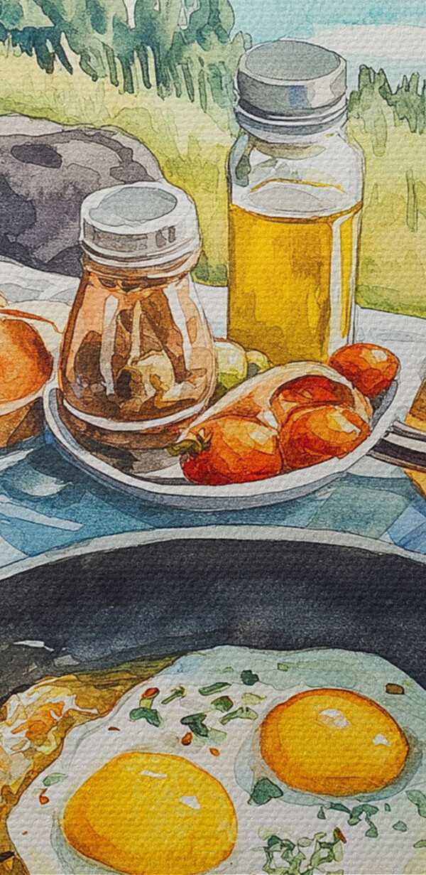 Pfanne mit Essen und eine Pfanne mit Eiern auf einem Tisch mit einem See im Hintergrund Pfanne mit Essen und eine Pfanne mit Eiern auf einem Tisch mit einem See im Hintergrund
