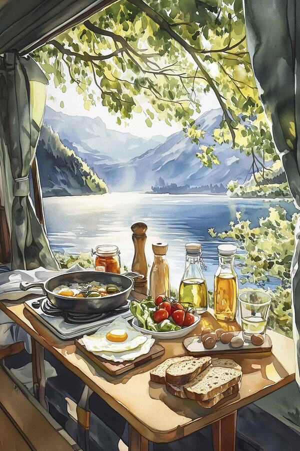 Table with food and drinks on it by a lake