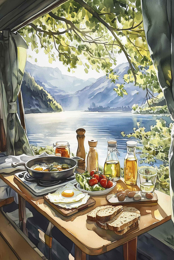 Table with food and drinks on it by a lake