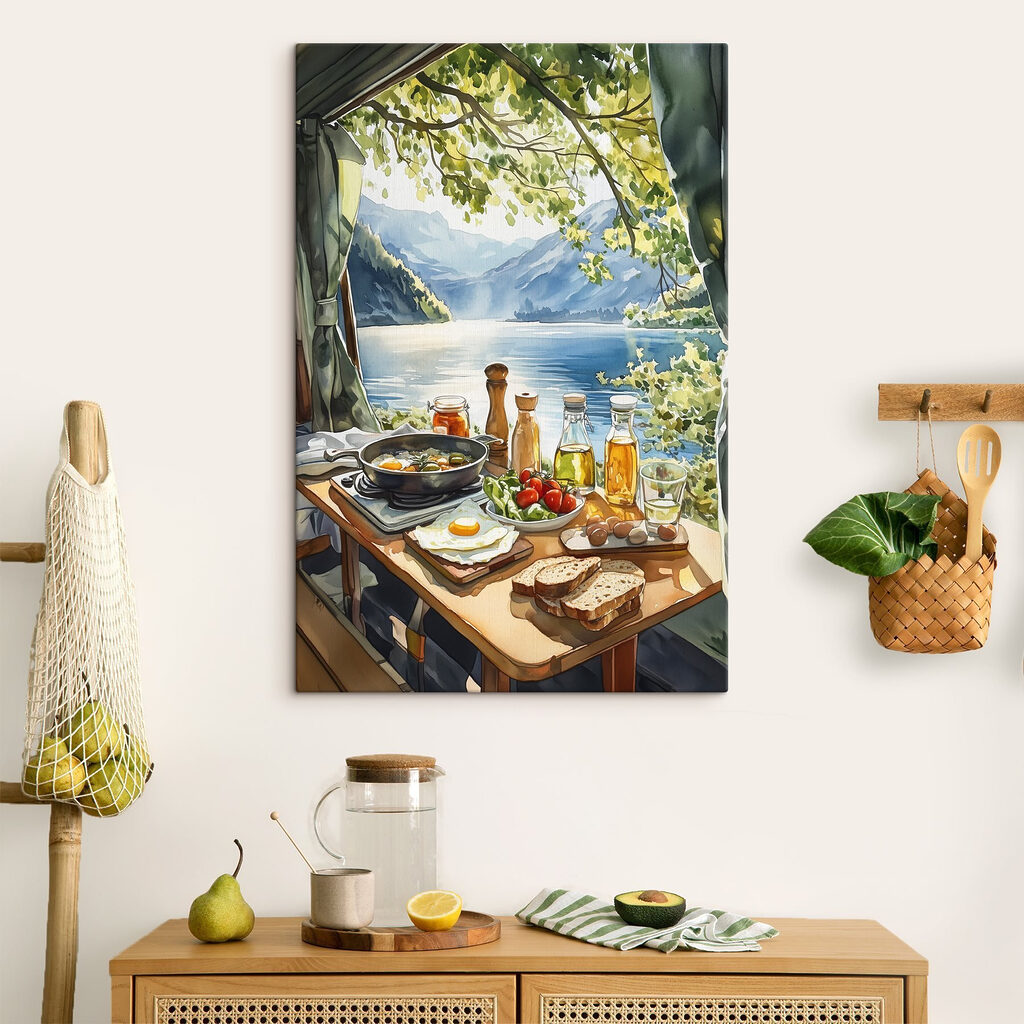 Table with food and drinks on it by a lake