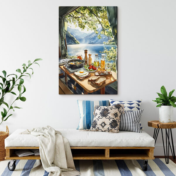 Table with food and drinks on it by a lake