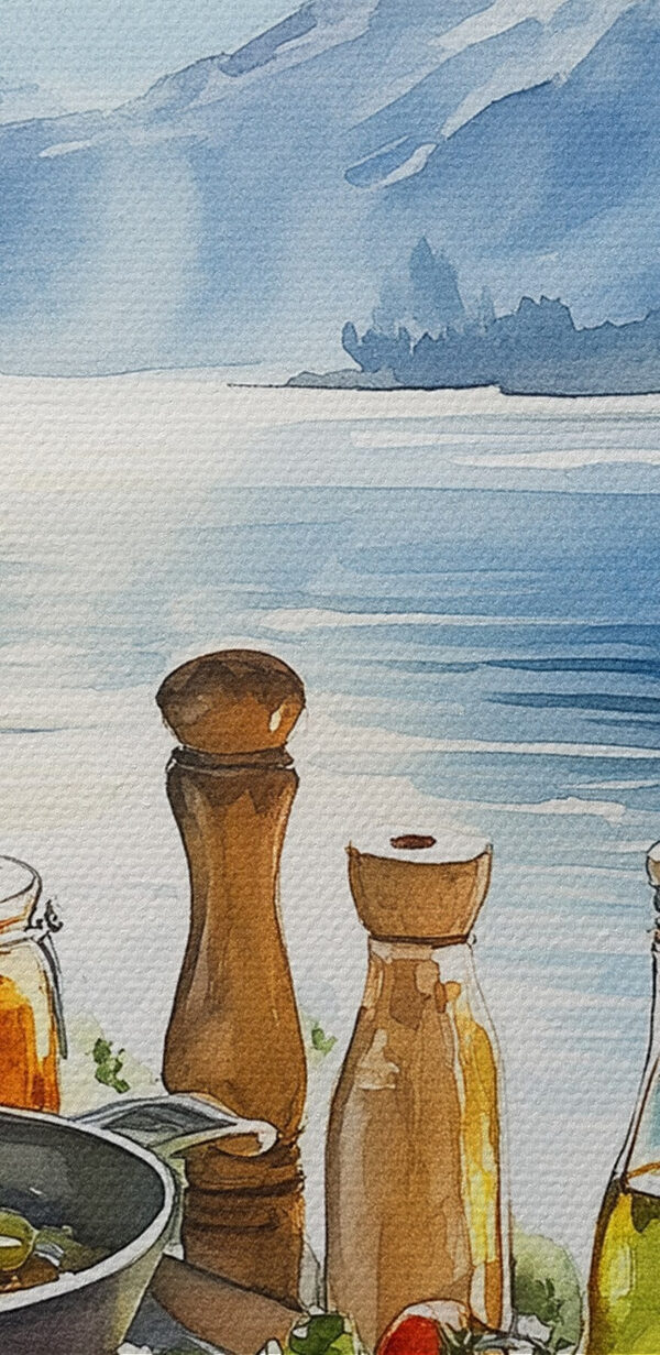 Table with food and drinks on it by a lake