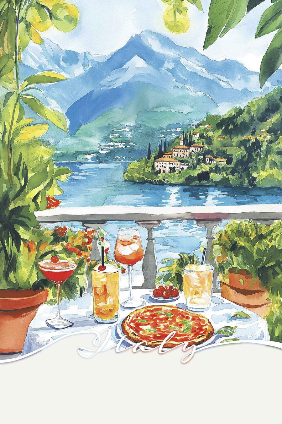 Aquarellmalerei eines Tisches mit Getränken und Blick auf einen See