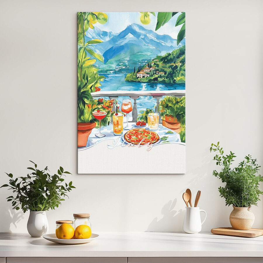 Aquarellmalerei eines Tisches mit Getränken und Blick auf einen See
