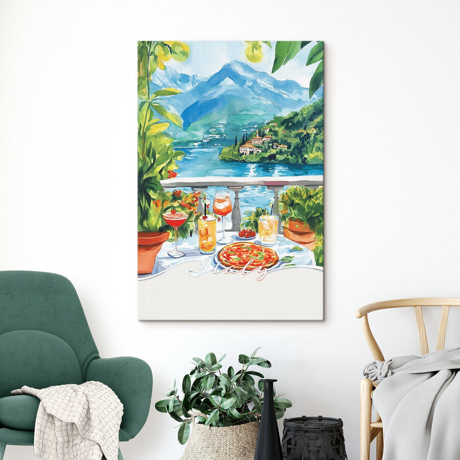 Aquarellmalerei eines Tisches mit Getränken und Blick auf einen See