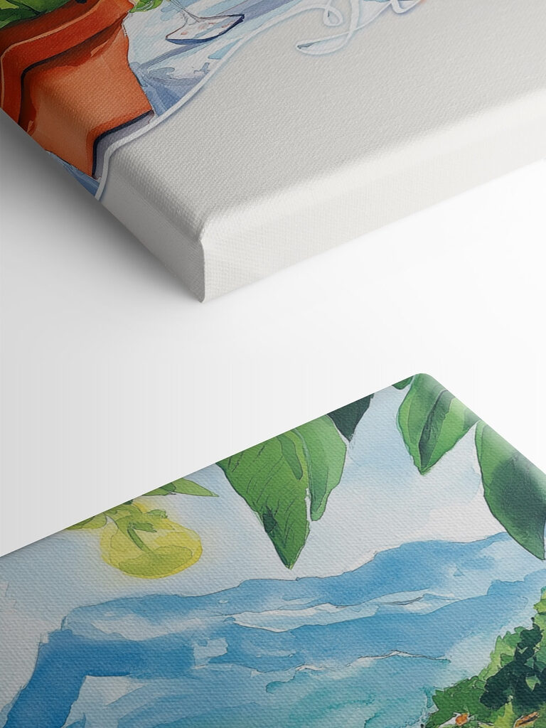 Watercolor painting of a table with drinks and a view of a lake