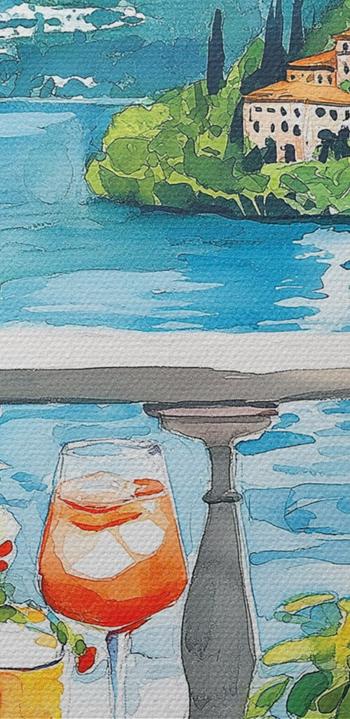 Watercolor painting of a table with drinks and a view of a lake