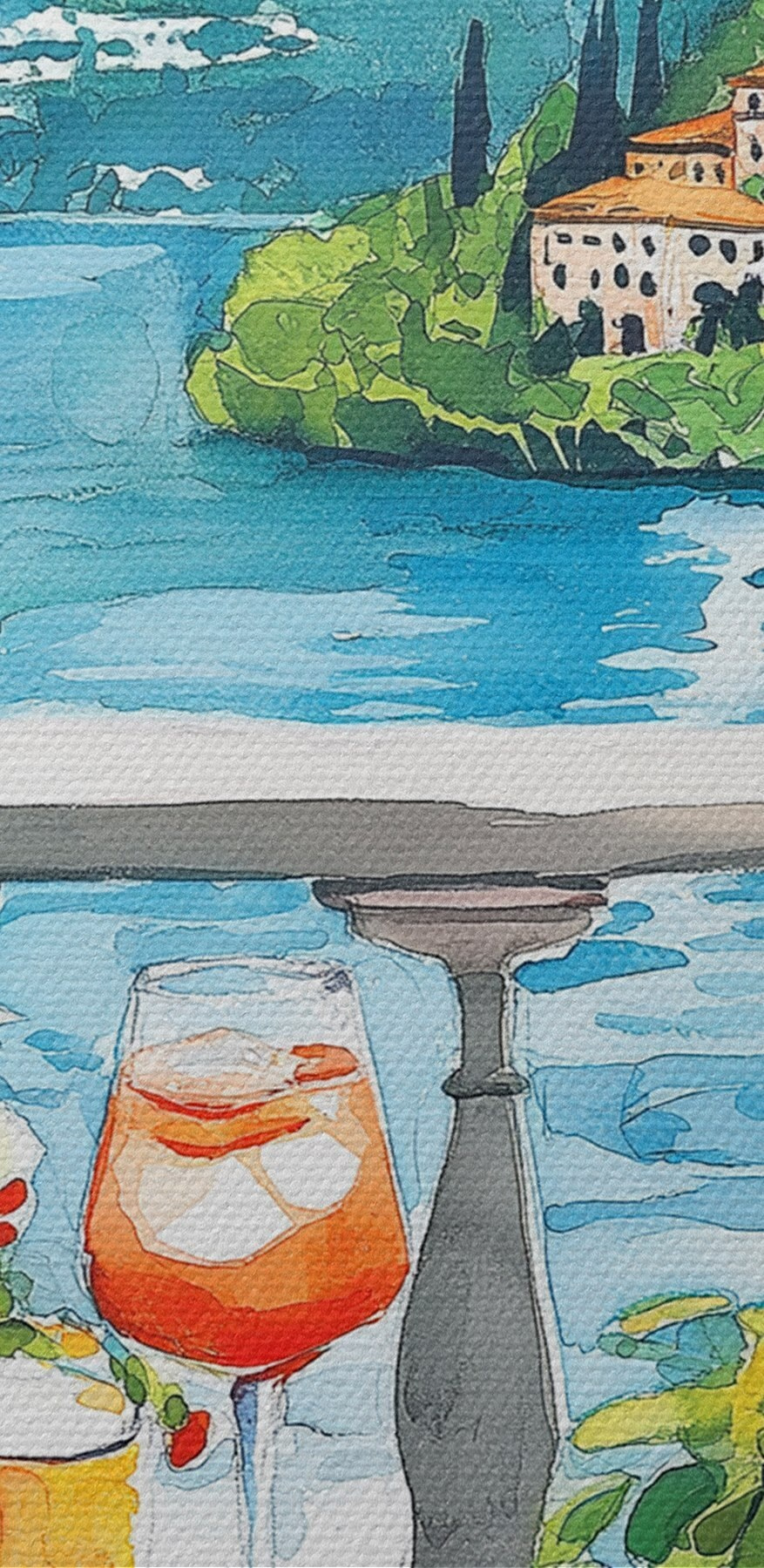 Aquarellmalerei eines Tisches mit Getränken und Blick auf einen See