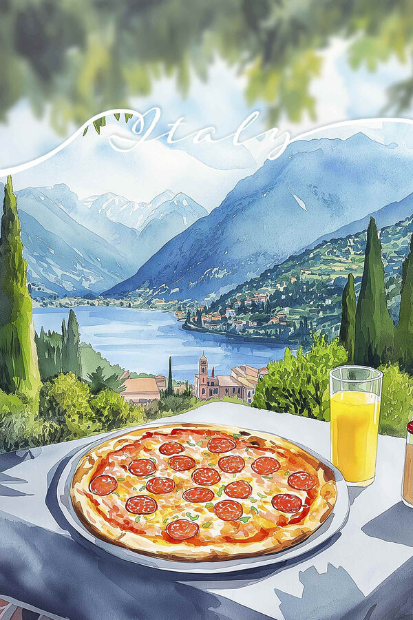 Pizza and juice on a table with mountains and trees Pizza and juice on a table with mountains and trees