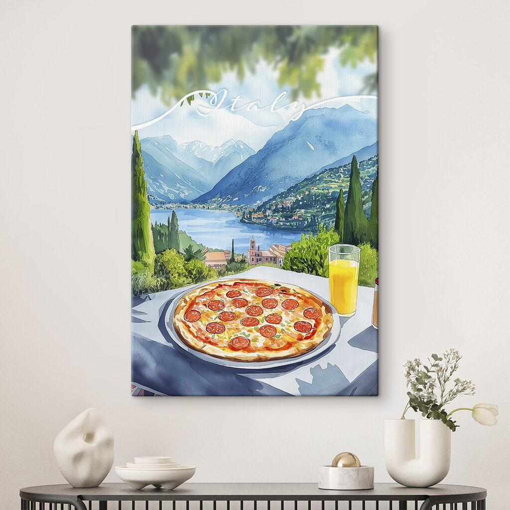 Pizza and juice on a table with mountains and trees Pizza and juice on a table with mountains and trees