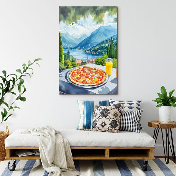 Pizza and juice on a table with mountains and trees Pizza and juice on a table with mountains and trees