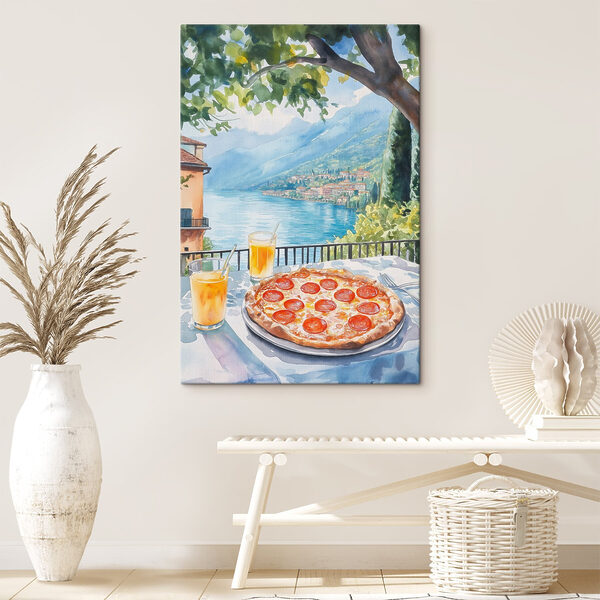 Aquarellmalerei einer Pizza und Getränke auf einem Tisch Aquarellmalerei einer Pizza und Getränke auf einem Tisch