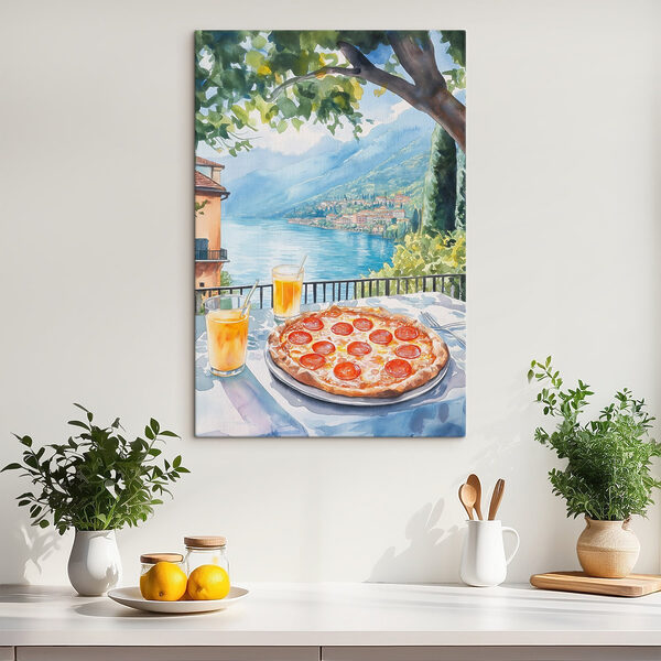 Aquarellmalerei einer Pizza und Getränke auf einem Tisch Aquarellmalerei einer Pizza und Getränke auf einem Tisch